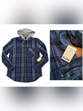 Mudd Y2K Plaid Hooded Button Down Shirt Navy Blue Gray NWT
